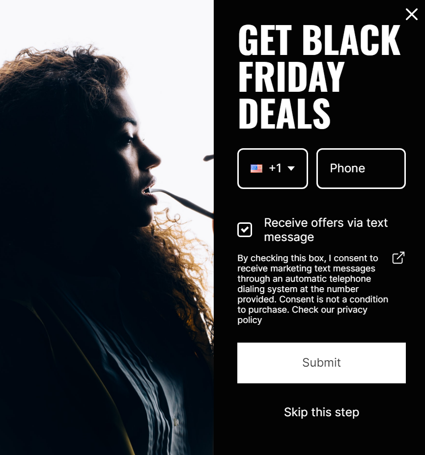 Black friday SMS: A womans silhouette faces left beside a Black Friday deals sign-up form offering text message alerts, with Receive offers via text message and a phone number input field displayed.