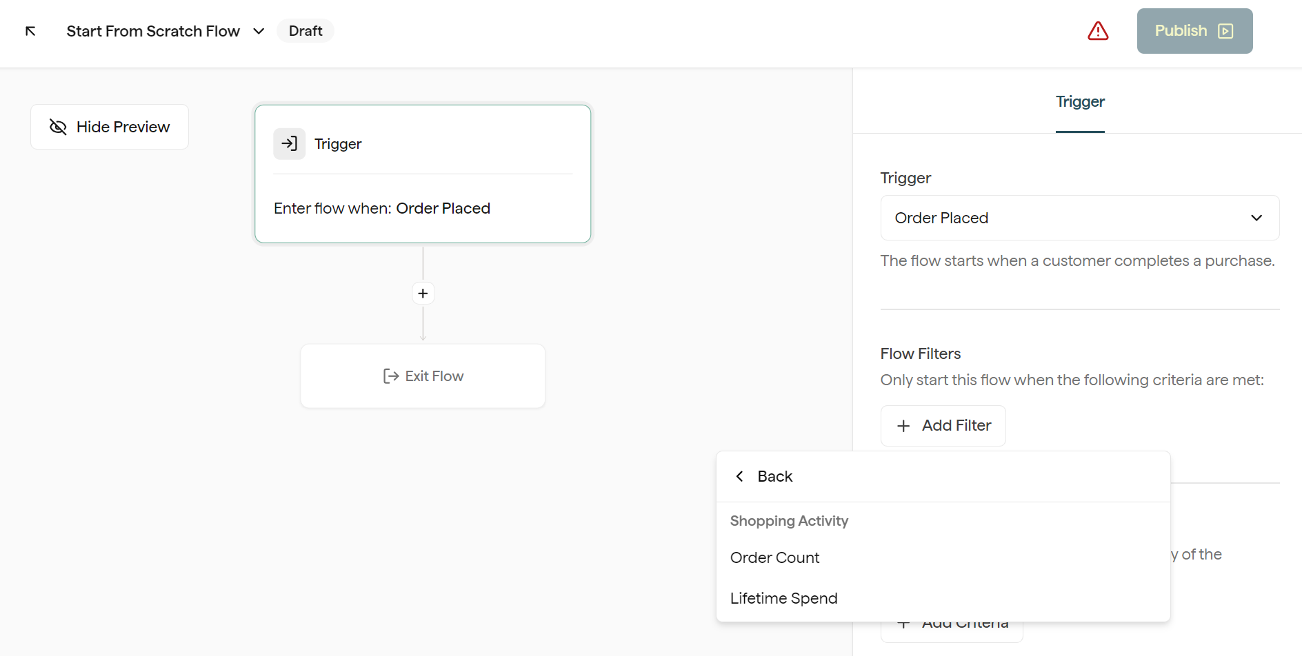 Klaviyo vs Privy: A workflow setup screen shows a trigger for Order Placed. A dropdown menu offers filter options: Shopping Activity, Order Count, and Lifetime Spend. The Publish button is at the top right.