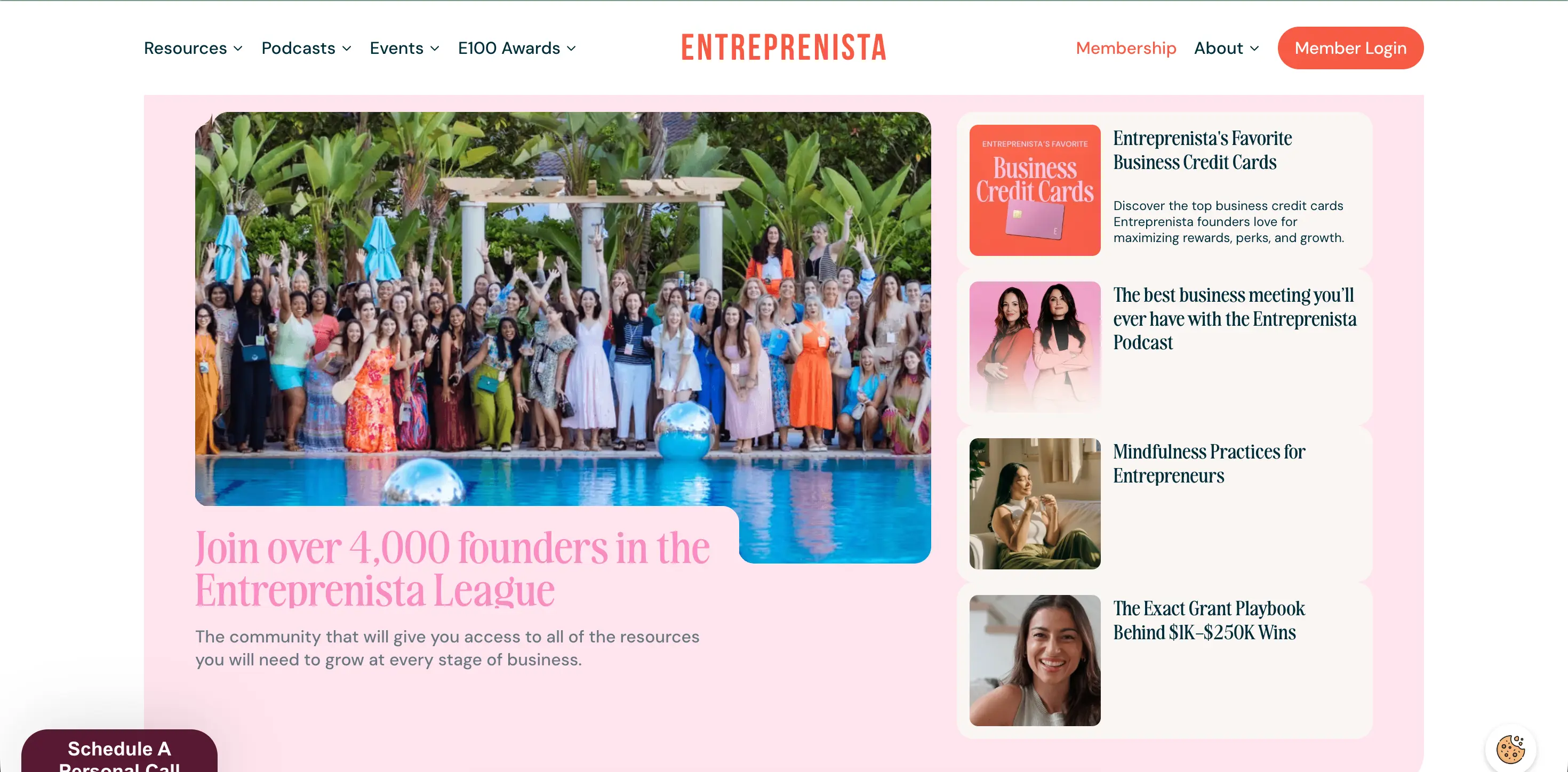 Ecommerce community: A large group of women stand and sit beside a pool, celebrating. Text promotes the Entreprenista League for women founders. The page also features articles and a podcast for entrepreneurs on the right side.