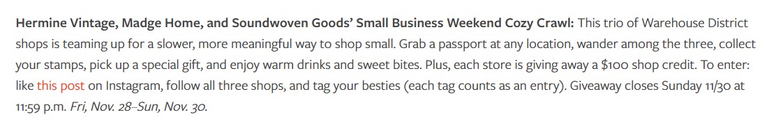 Black Friday ideas for small business: Text describing a Small Business Weekend Cozy Crawl event, mentioning Hermine Vintage, Madge Home, Soundwoven Goods, and how to enter a giveaway by following steps on Instagram.