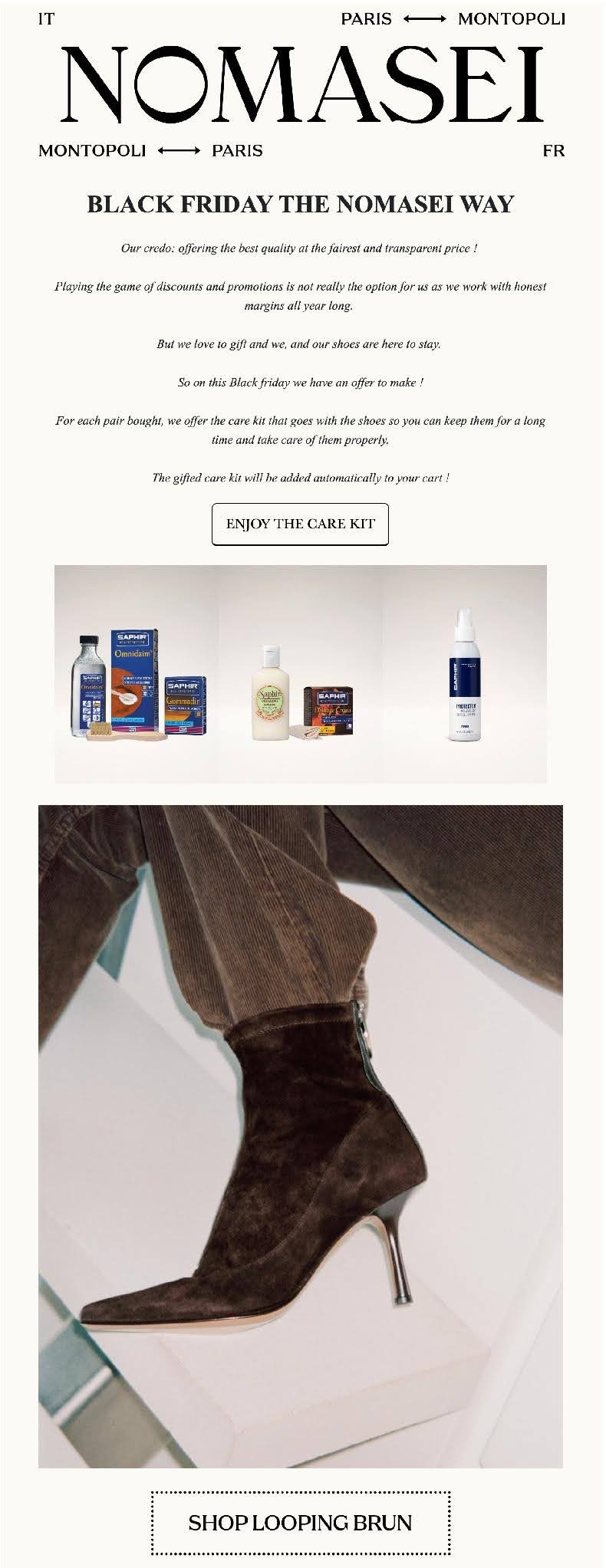 Black Friday email examples: A promotional email from NOMASEI for Black Friday features products, a high-heeled brown suede boot, and a call-to-action button labeled SHOP LOOPING BRUN.