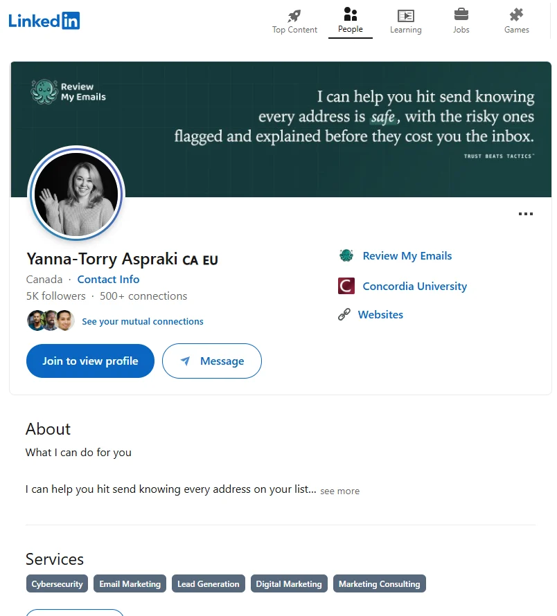 Email marketing experts: LinkedIn profile of Yanna-Torry Aspraki, featuring a quote about email safety, contact info, profile photo, about section, and services offered: Cybersecurity, Email, Lead Generation, Digital Marketing, and Marketing Consulting.