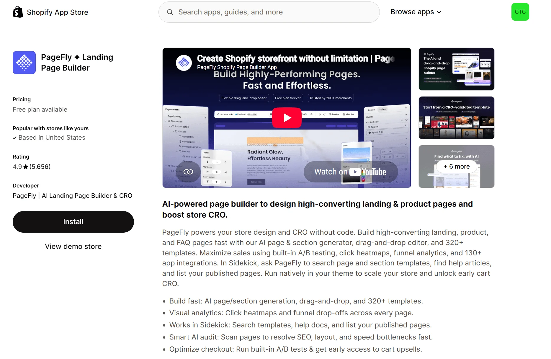 Shopify app listing for PageFly, an AI-powered page builder showing features, screenshots, and a product description.