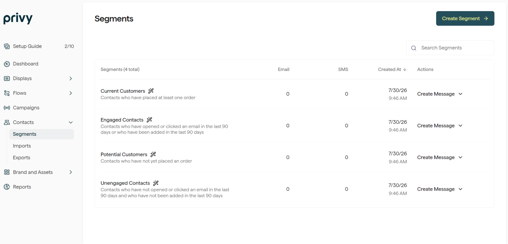 Klaviyo vs Privy: A dashboard displays four contact segments—Current Customers, Engaged Contacts, Potential Customers, and Unengaged Contacts—with details on email/SMS messages and creation dates.