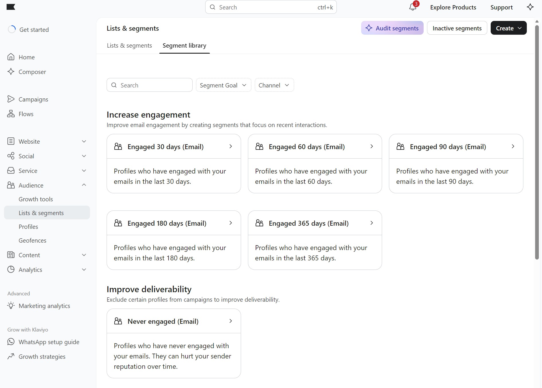 Klaviyo vs Privy: A dashboard shows email engagement segments, including Engaged 30, 60, 90, 180, 365 days, and Never engaged. Each segment profiles users by recent email activity to improve engagement and deliverability.