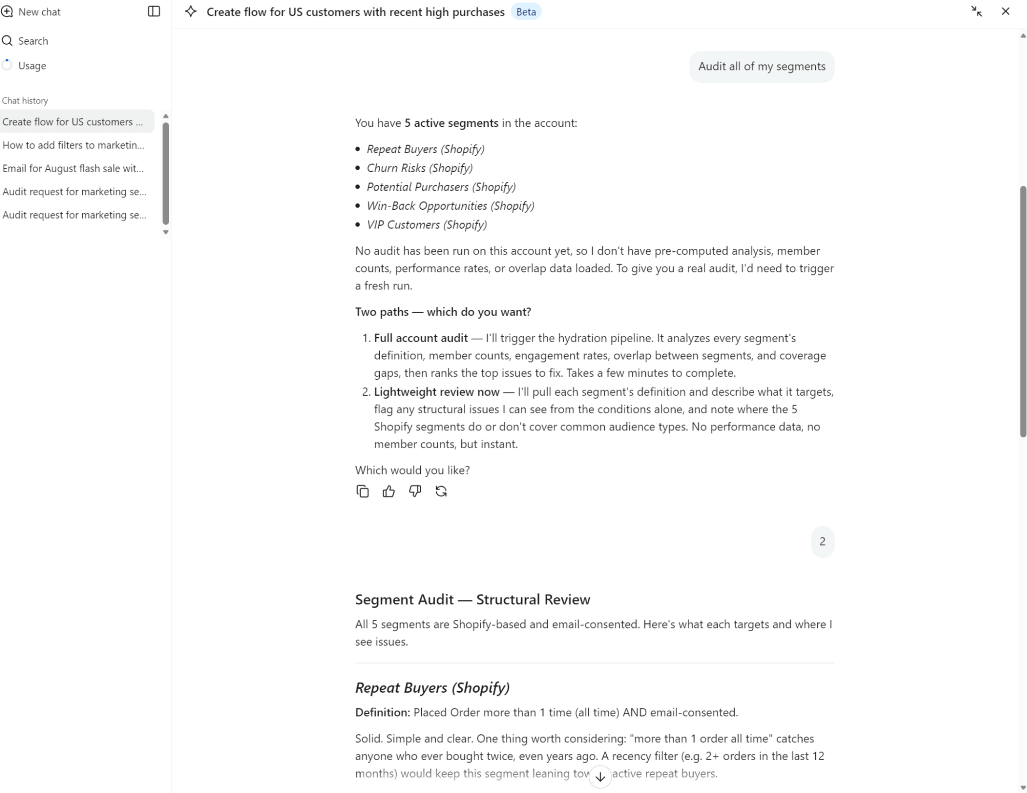Klaviyo vs Privy: Screenshot of a workflow creation page for US customers with recent high purchases, showing segment details, audit options, and explanations of two path options to set up the flow.
