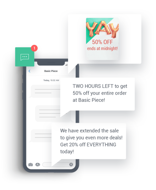 Black friday SMS: A smartphone screen shows chat notifications about sales: 50% off ends at midnight, two hours left for 50% off, and an extended sale with 20% off everything.