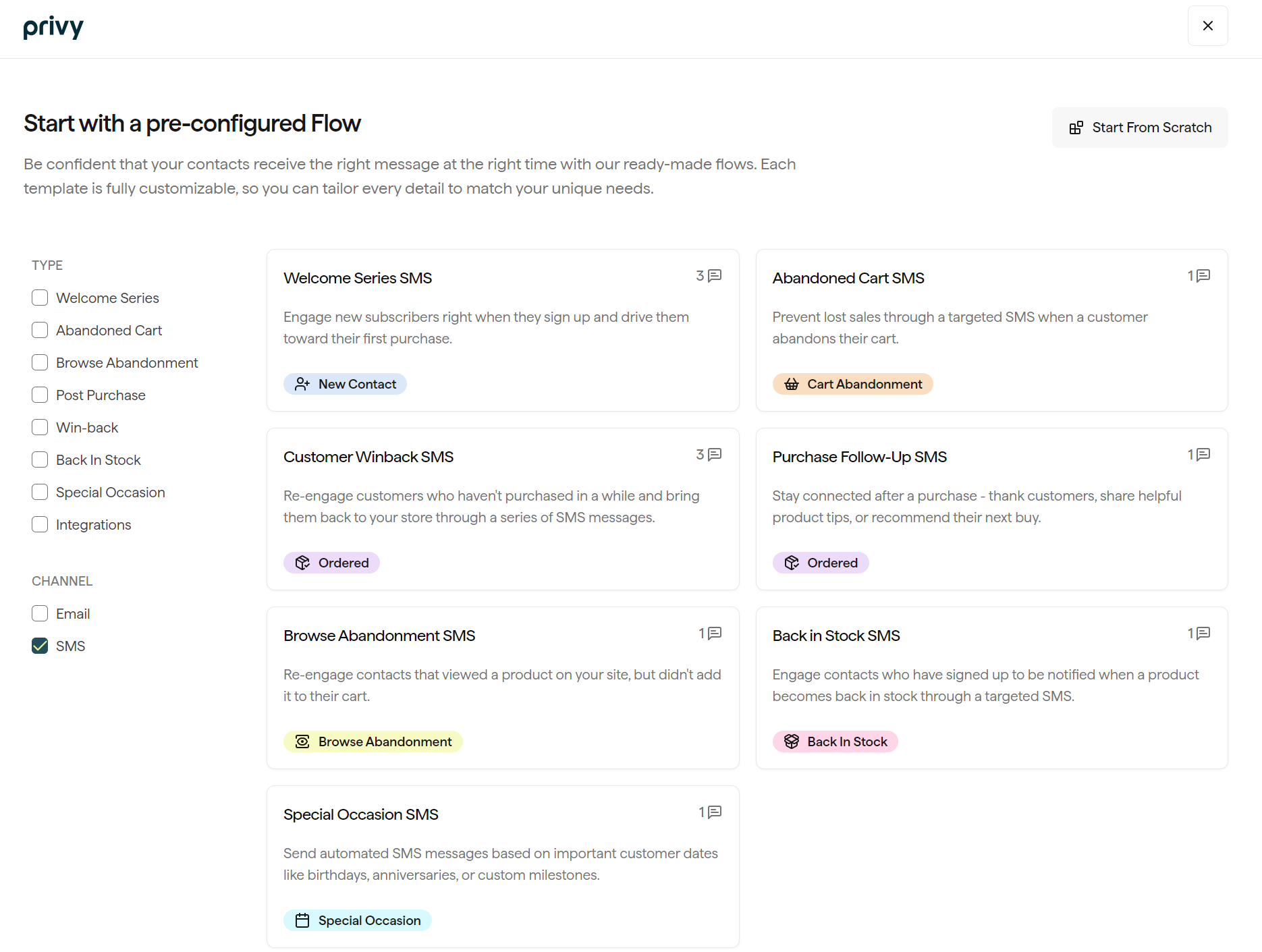 Klaviyo vs Privy: Privy interface showing pre-configured SMS flows, including Welcome Series, Abandoned Cart, Win-back, Purchase Follow-Up, Browse Abandonment, Back in Stock, and Special Occasion options, each with a brief description and category label.
