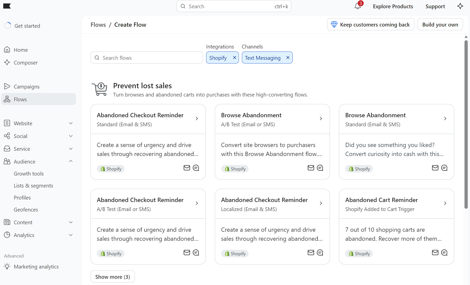 Klaviyo vs Privy: A dashboard shows automated marketing flows like Abandoned Checkout Reminder and Browse Abandonment, with descriptions, channels (Shopify, SMS), and option buttons on a white background.