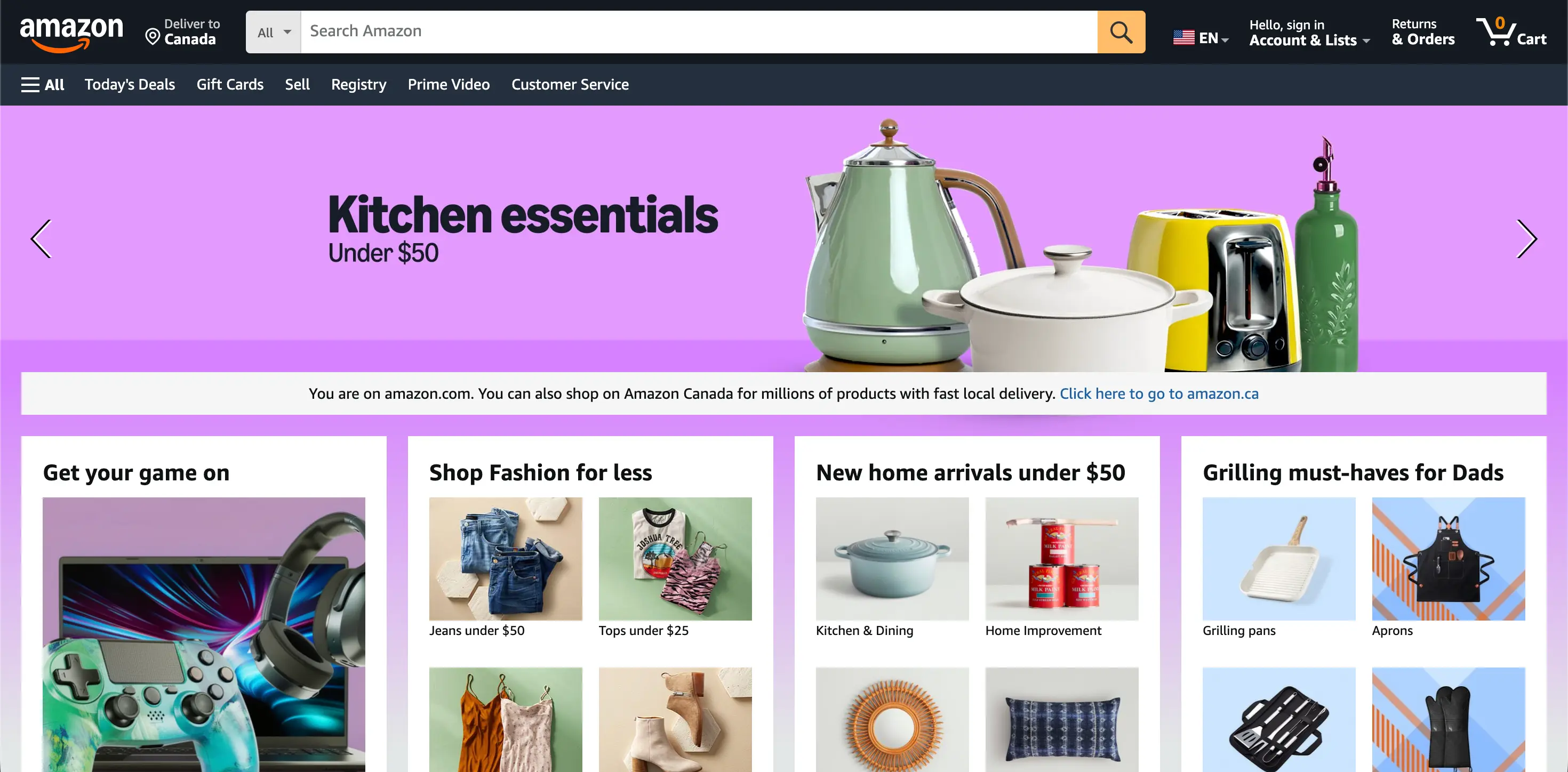Amazon homepage showing kitchenware banner, navigation bar, and sections for fashion, home goods, and deals under $50.