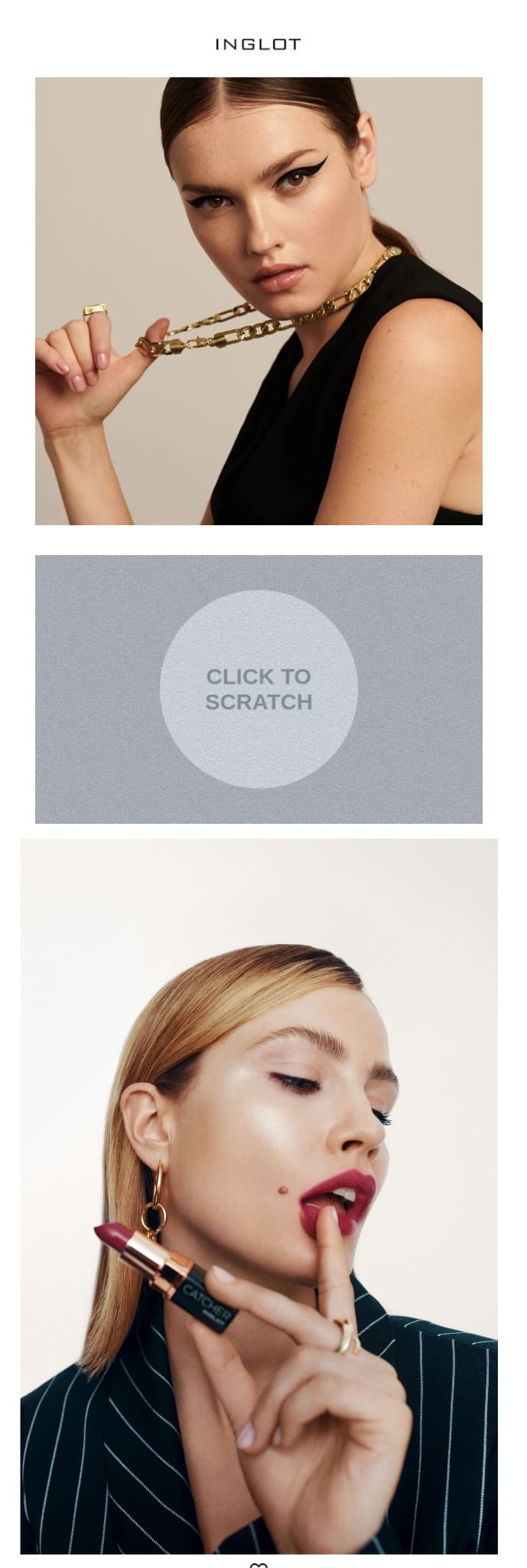 Gamification email marketing: A woman in a sleeveless top poses with a gold chain, a gray scratch-off area with CLICK TO SCRATCH text, and another woman in a pinstriped blazer holding lipstick near her lips.