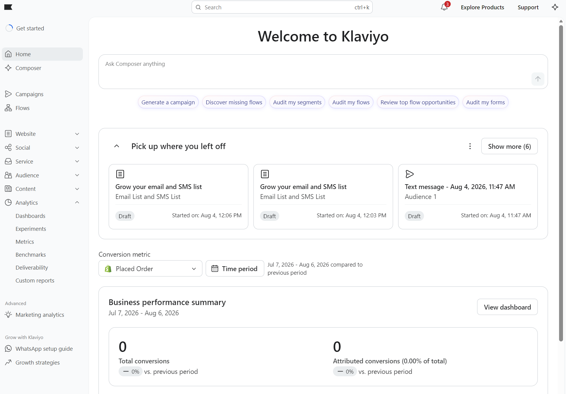 Omnisend vs. Mailchimp vs. Klaviyo: Klaviyo dashboard with navigation menu on the left and main screen showing Welcome to Klaviyo, campaign suggestions, recent activity, and business performance summary with zero recent conversions.