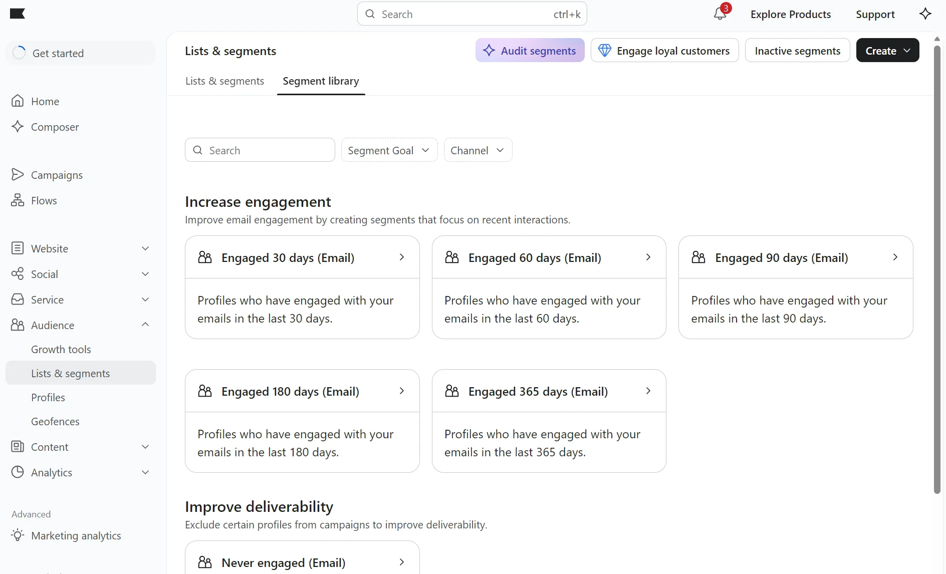 Klaviyo vs Drip: A dashboard showing options to create email segments based on engagement periods such as 30, 60, 90, 180, and 365 days, plus a Never engaged segment for improving deliverability.