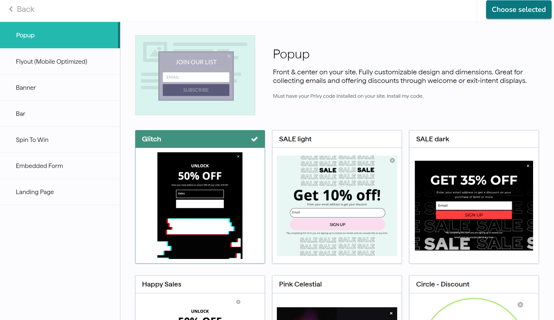 Klaviyo vs Privy: A website interface shows popup template options for email sign-ups, including Glitch, SALE light, SALE dark, Happy Sales, Pink Celestial, and Circle - Discount. A sidebar menu and a Choose selected button are visible.