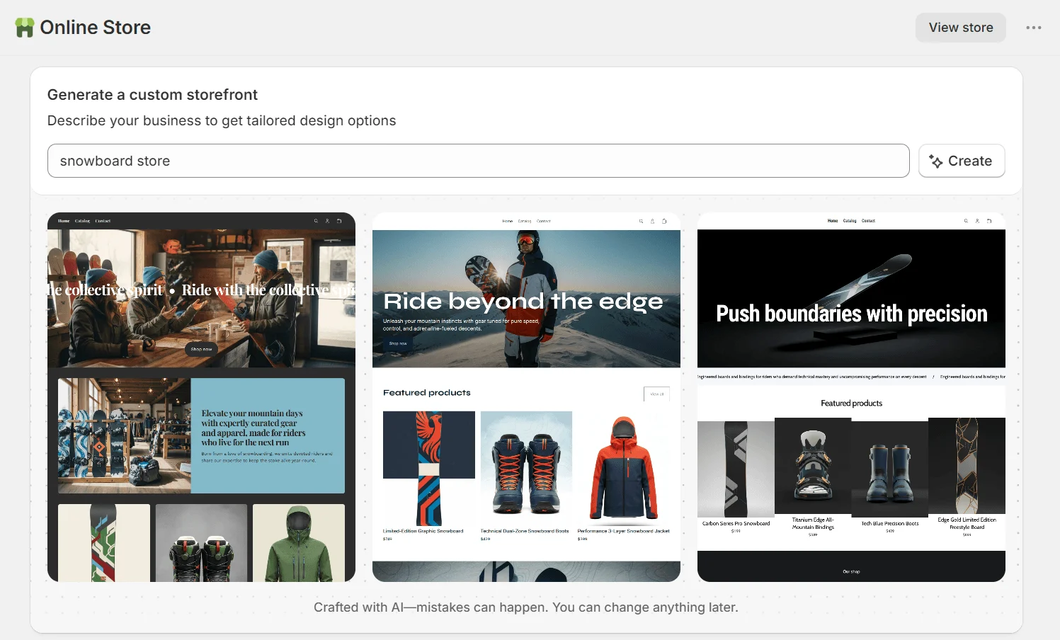 Online store templates for a snowboard store, with options showcasing snowboards, gear, and winter sportswear.