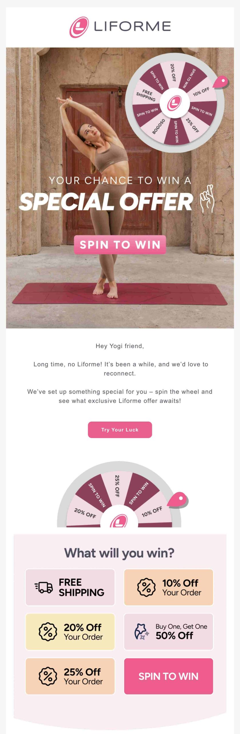Gamification email marketing: Woman in workout clothes stretches on a yoga mat; above her is a spinning prize wheel offering discounts and free shipping from Liforme. Text invites users to spin for special offers.