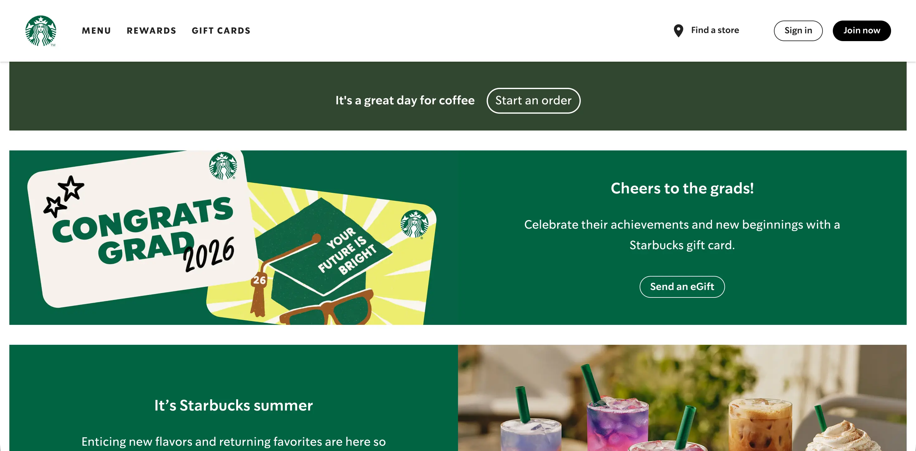Starbucks homepage featuring graduation gift cards and colorful summer drinks, with buttons for ordering and sending gifts.