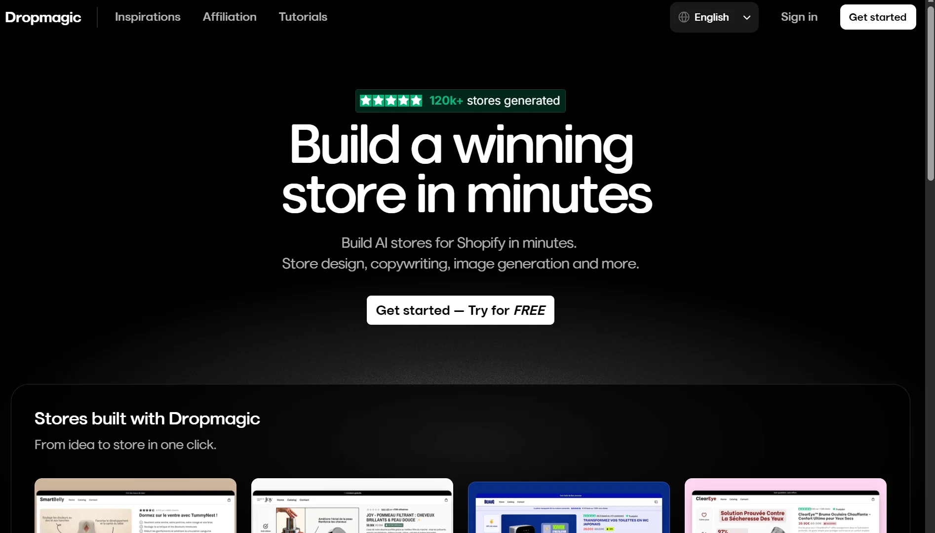 Dropmagic homepage with headline Build a winning store in minutes and a button to get started or try for free.