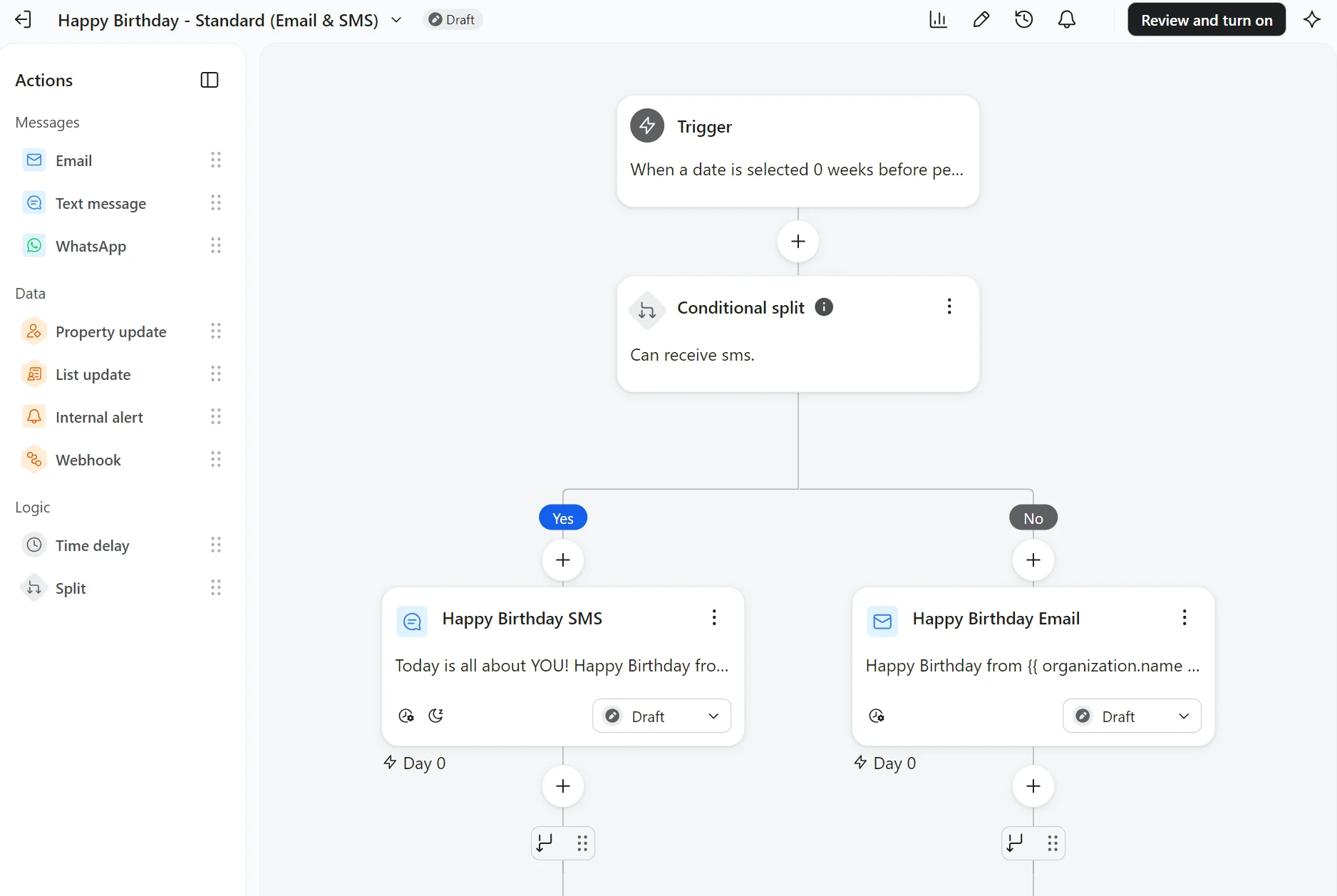 Klaviyo vs Drip: A workflow automation dashboard showing a trigger, conditional split, and branches for sending a Happy Birthday SMS or email based on user criteria.