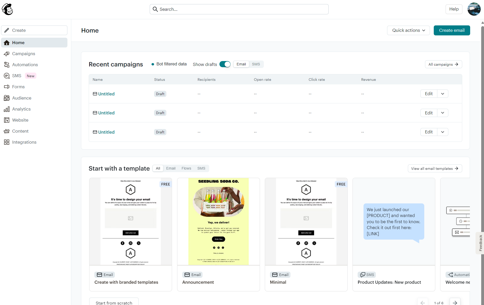 Omnisend vs. Mailchimp vs. Klaviyo: Dashboard with navigation menu on the left, recent campaign stats in the center, and email template options displayed below, including announcements and product updates.