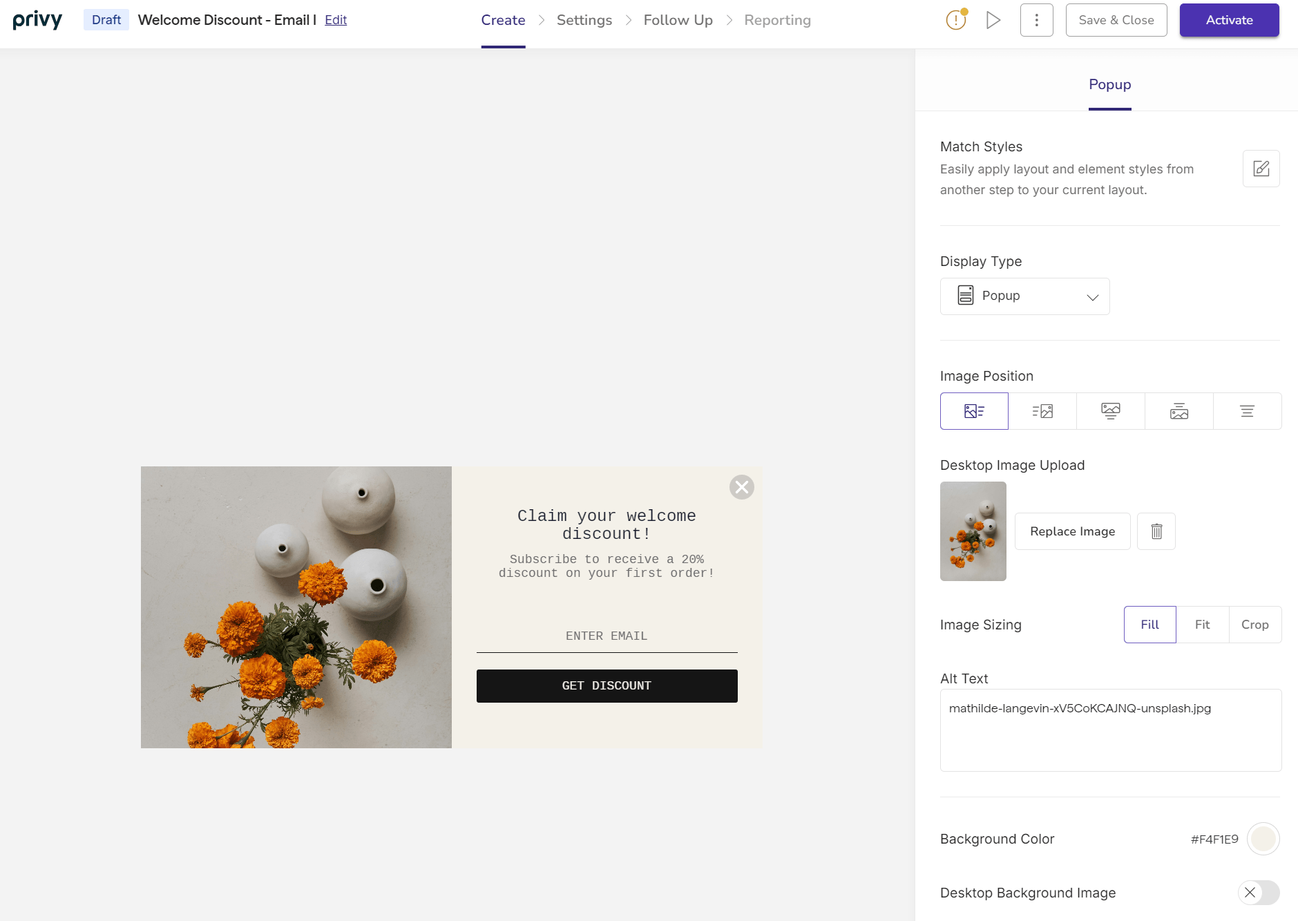 Klaviyo vs Privy: A pop-up design editor displays a discount offer with marigold flowers, candles, and a form to enter an email for 20% off. Editing options appear on the right side of the screen.