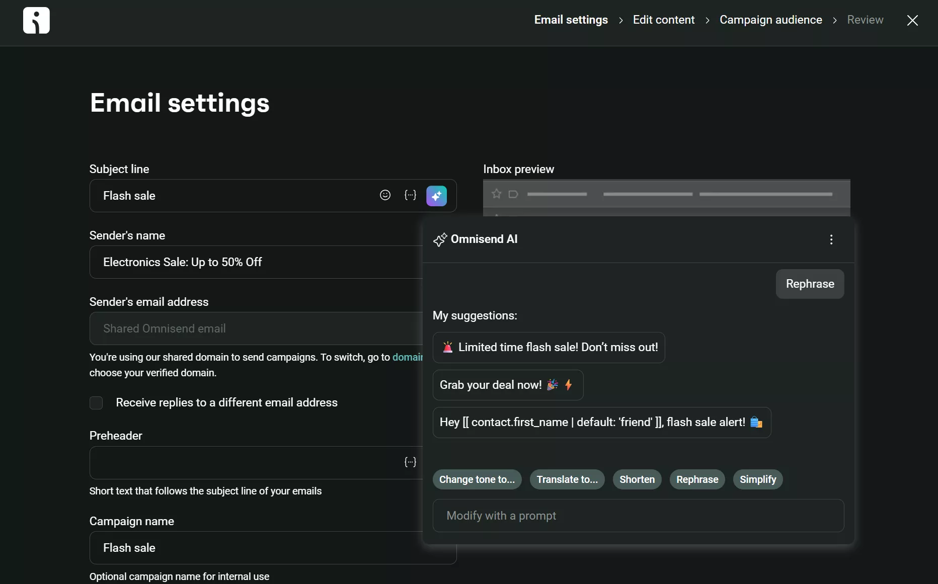 Omnisend vs. Klaviyo: A dark-themed email settings page shows fields for subject, senders address, preheader, and AI-generated inbox preview suggestions for a flash sale campaign. Options to edit or rephrase the preview are visible.