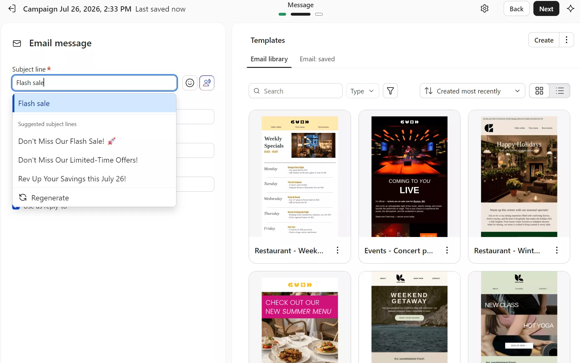 Omnisend vs. Klaviyo: A person types Flash sale in the subject line of an email campaign editor. Email design templates appear on the right, showing restaurant, event, and travel themes. A dropdown with subject suggestions is visible.