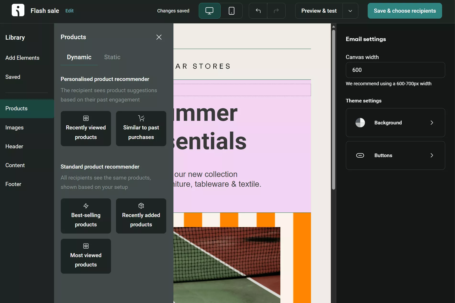 Omnisend vs. Klaviyo: A website editor interface showing a Products section with options like Recently viewed products and Similar to past products. Part of a summer sale email template is visible on the right.