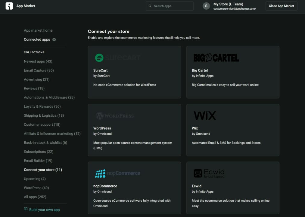 Omnisend vs. Klaviyo: A dark-themed app market page displays e-commerce platform integrations including SureCart, Big Cartel, WordPress, Wix, nopCommerce, and Ecwid. Each platform has a brief description and company logo.