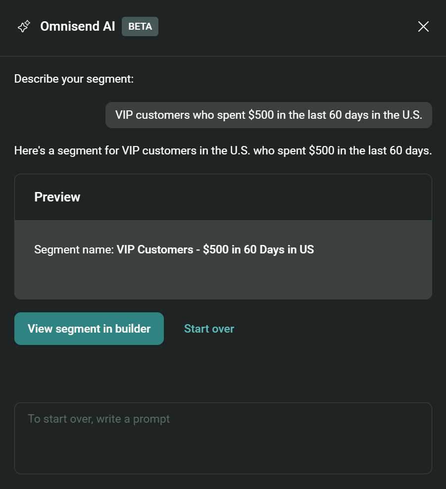 Omnisend vs. Klaviyo: Screenshot of Omnisend AI interface showing a segment for VIP U.S. customers who spent $500 in the last 60 days, with options to view in builder or start over.