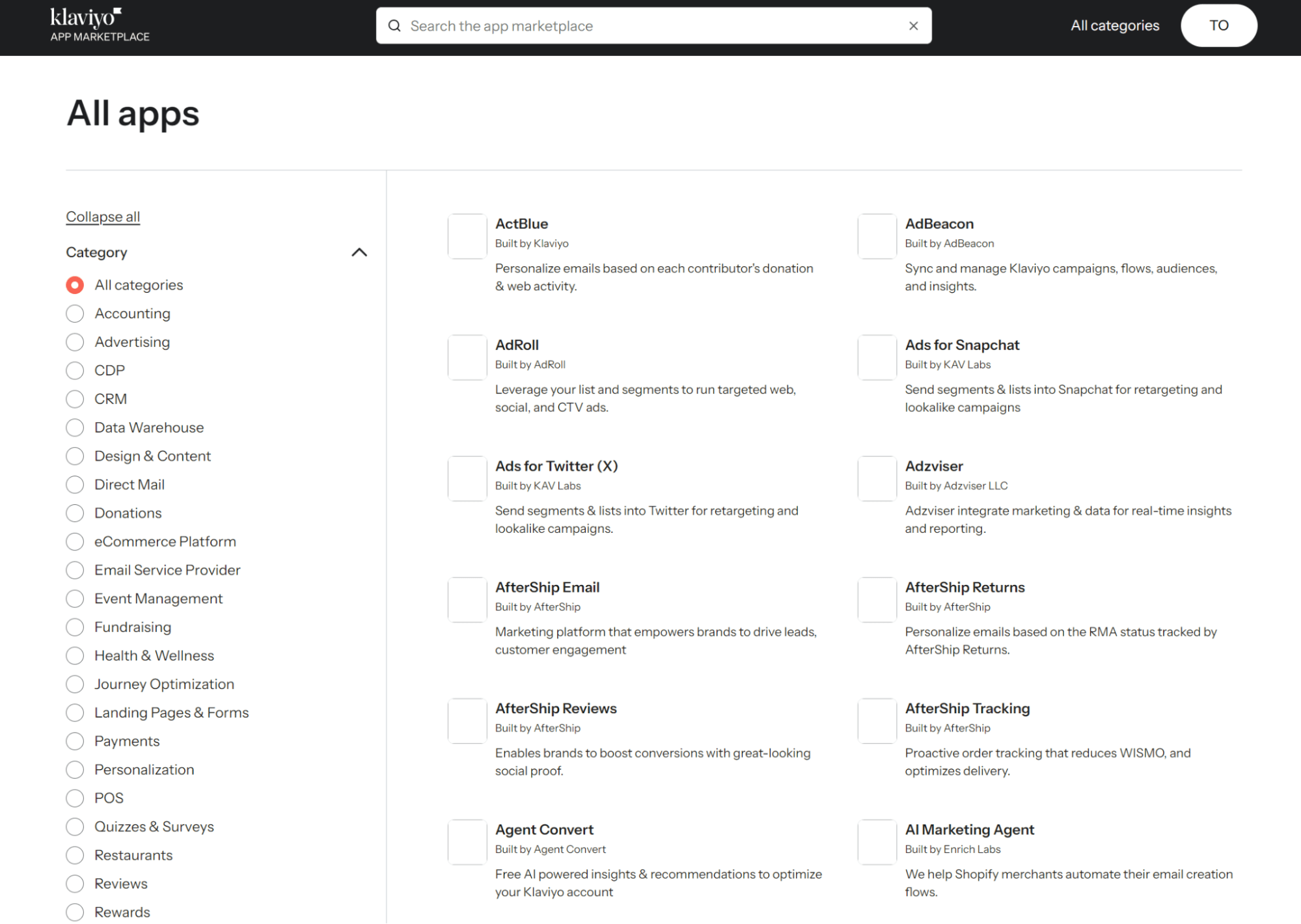 Omnisend vs. Klaviyo: Klaviyo App Marketplace webpage with a search bar, category filters on the left, and a list of various marketing app options including ActBlue, AdRoll, AfterShip, and Ads for Snapchat on the right.