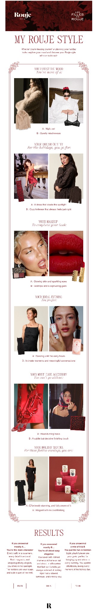Gamification email marketing: A fashion quiz result page showing various outfits, accessories, and makeup styles, with women modeling different Rouje clothing pieces and beauty products, followed by personalized results at the bottom.