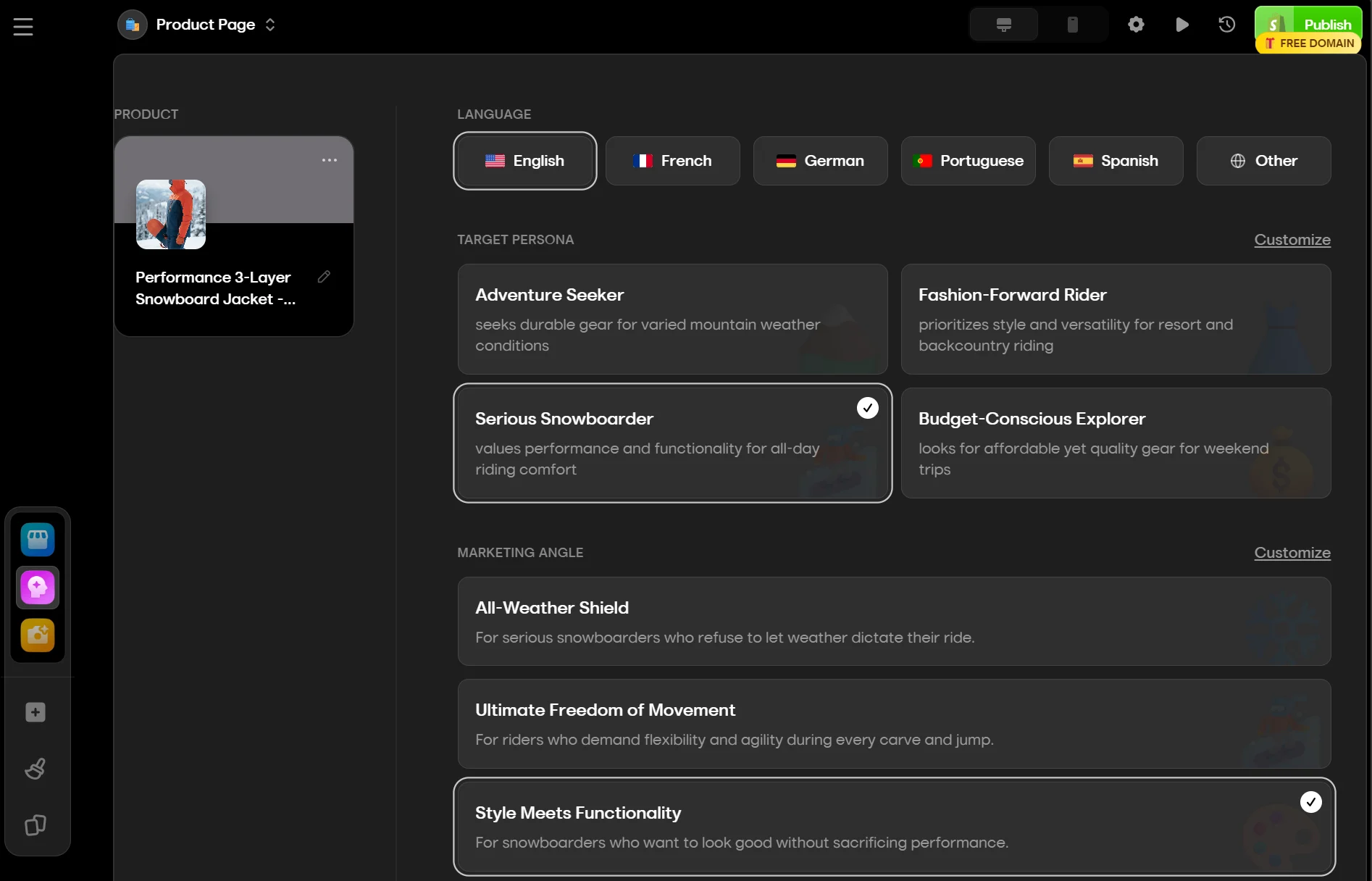 A dark dashboard displays language, target persona, and marketing angle options for a performance snowboard jacket.