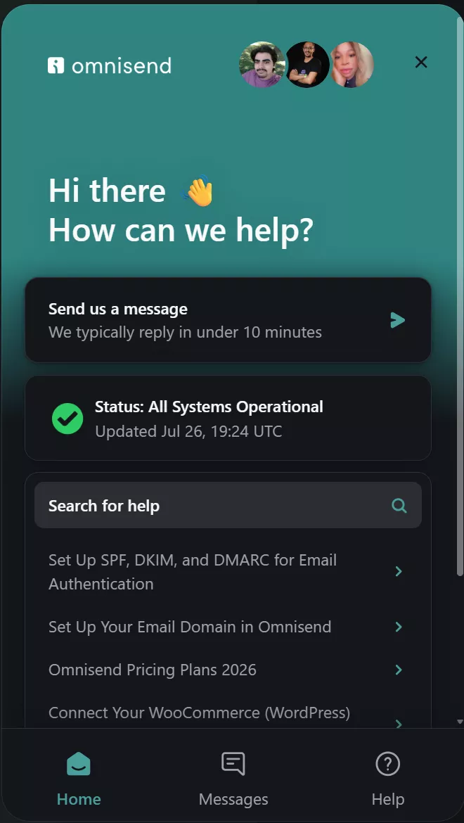 Omnisend vs. Klaviyo: Omnisend support screen showing Hi there 👋 How can we help? with options to send a message, check system status, and browse help topics. System status: All Systems Operational.