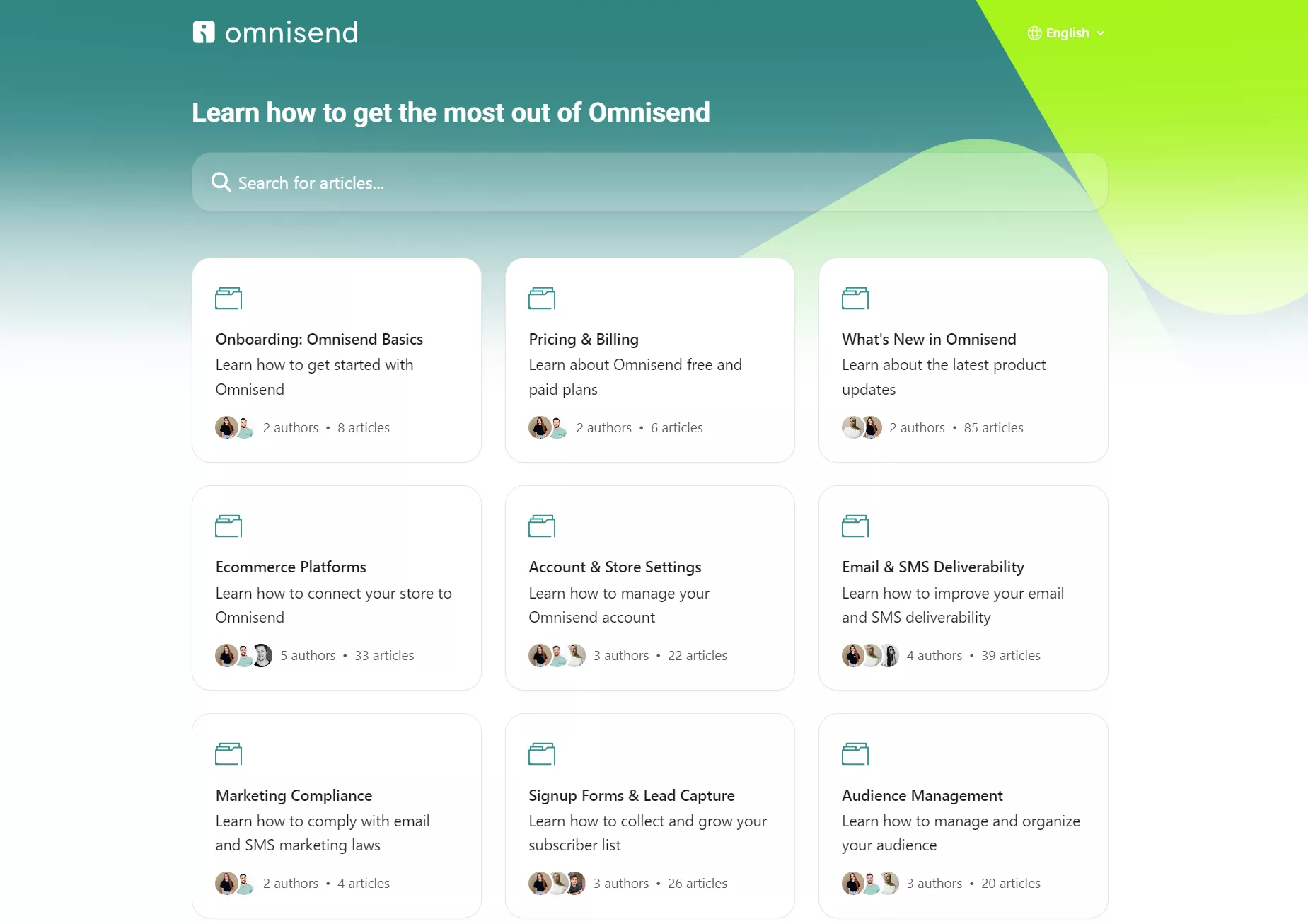 Omnisend vs. Klaviyo: Omnisend help center home page with search bar and nine category cards, including Onboarding, Pricing, New Features, Ecommerce Platforms, Account Settings, Email Deliverability, Compliance, Signup Forms, and Audience Management.