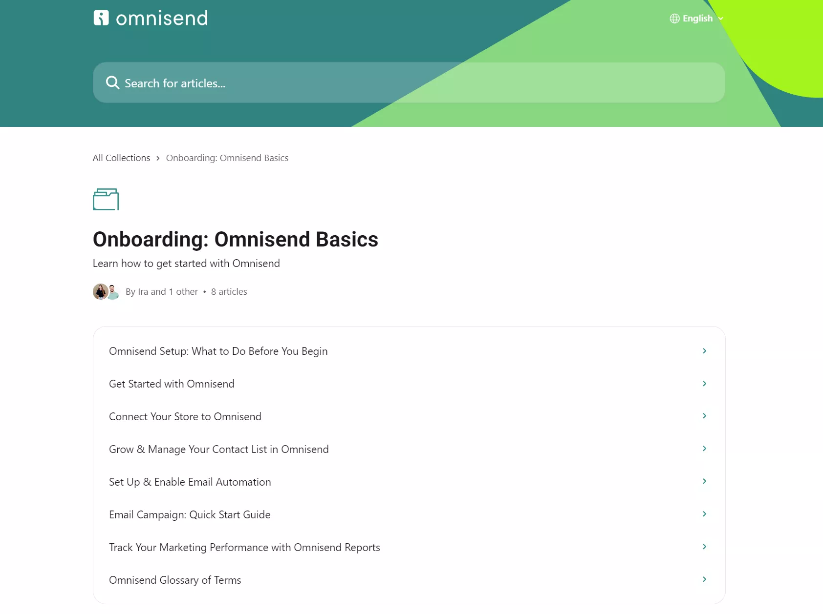 Omnisend vs. Klaviyo: A webpage titled Onboarding: Omnisend Basics lists topics like setup, connecting stores, contact management, automation, and campaign guides under Omnisends onboarding collection.