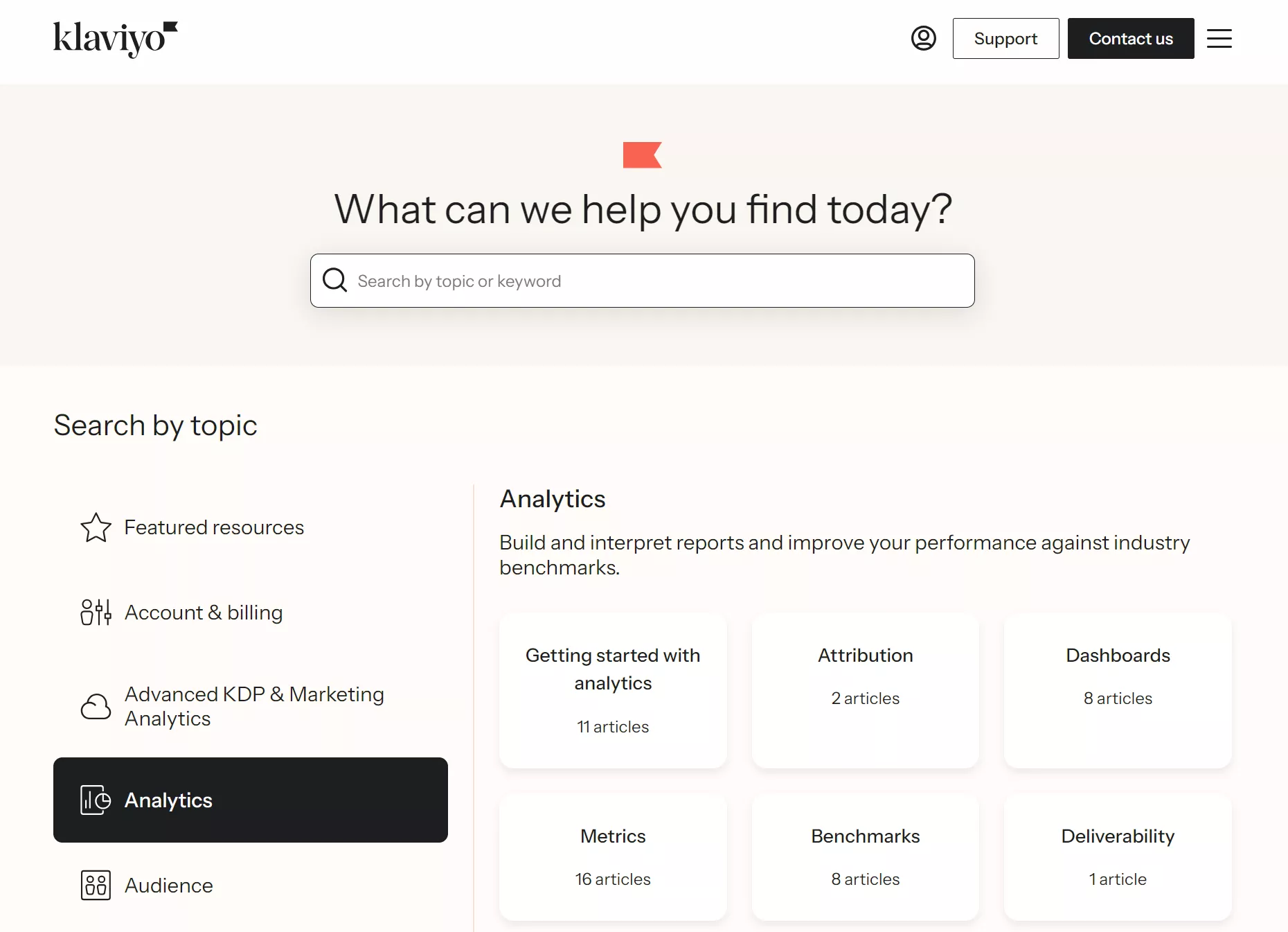Omnisend vs. Klaviyo: Klaviyo search page showing a search bar, topic list on the left, and Analytics selected with cards for Getting Started, Attribution, Dashboards, Metrics, Benchmarks, and Deliverability on the right.