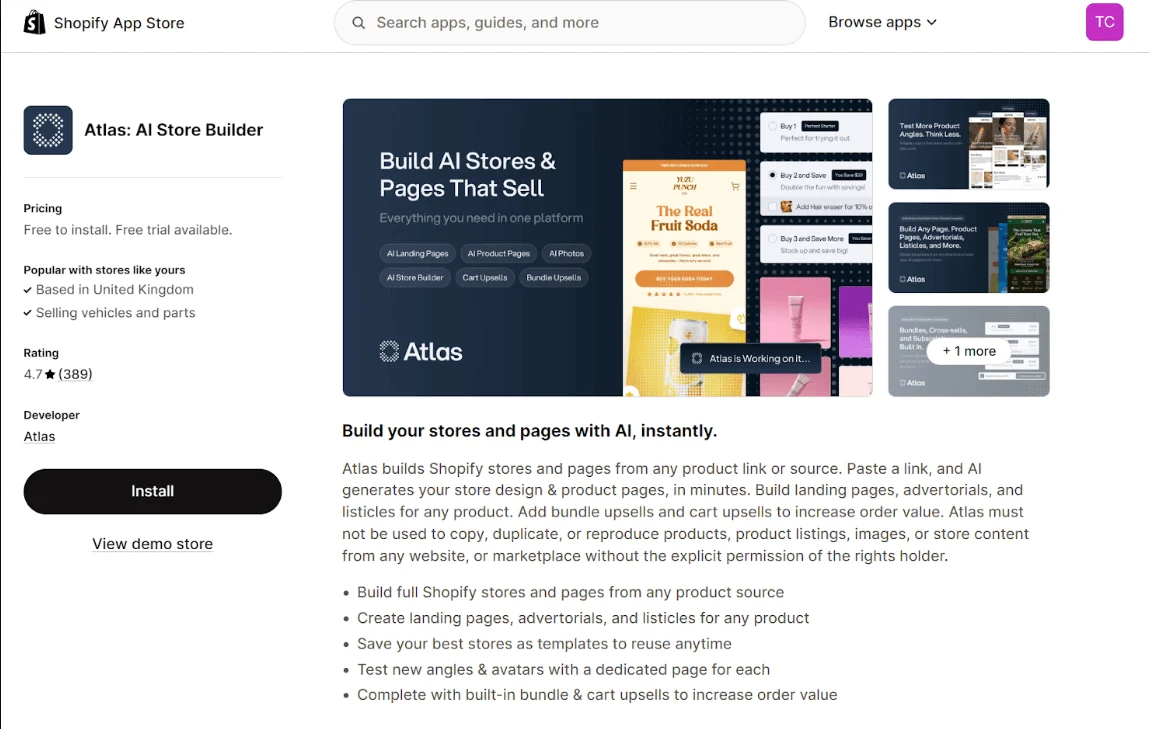 Shopify App Store page for Atlas AI Store Builder, showing app details, features list, and the Install button.