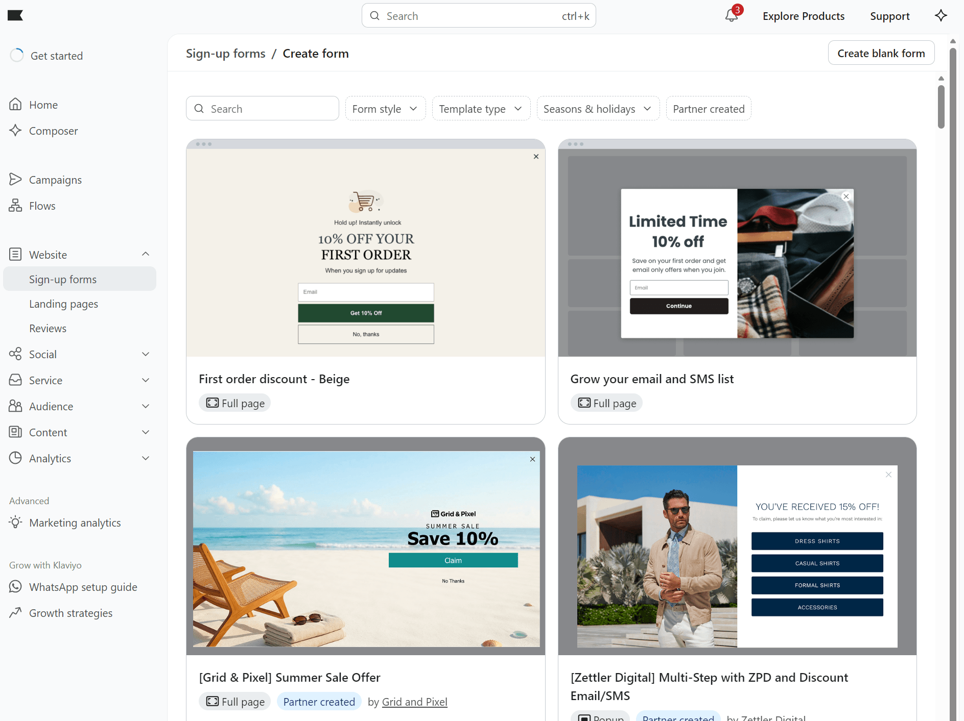 Klaviyo vs Privy: A webpage shows templates for creating sign-up forms, including options for discounts, email and SMS list growth, and special offers, with thumbnail previews and filter options on the left sidebar.