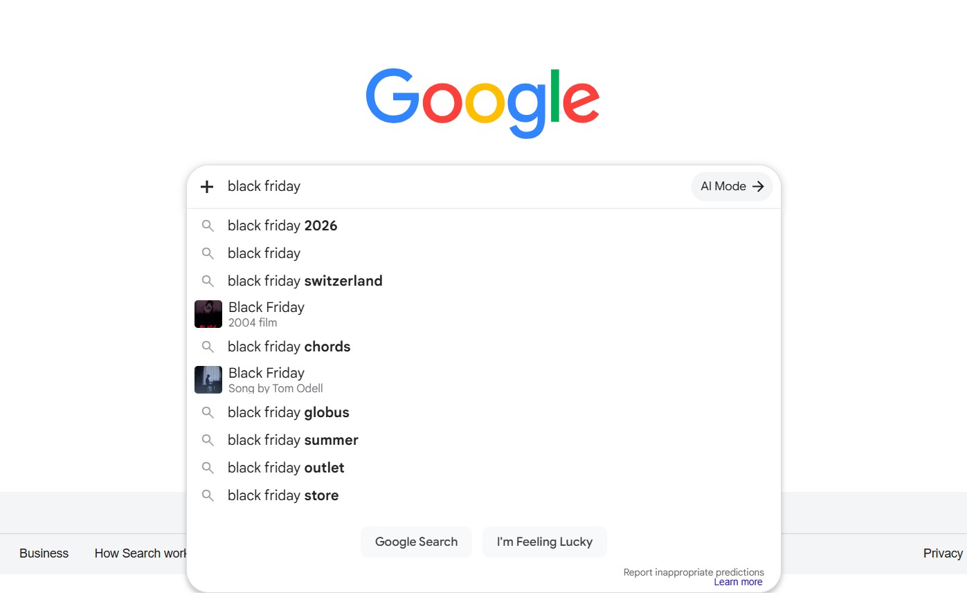 Black Friday checklist: Google search page with black friday typed in the search bar. Dropdown suggestions include black friday 2026, black friday switzerland, Black Friday chords, and related search terms.