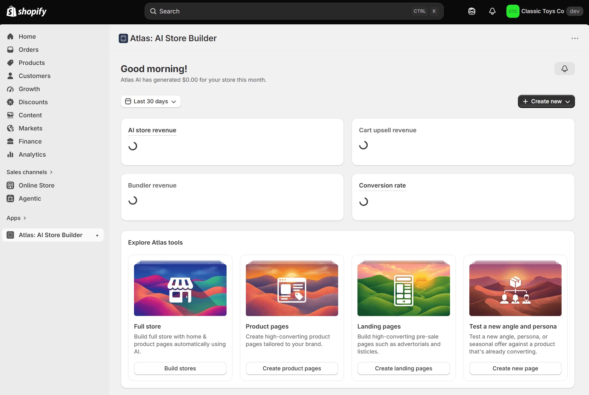Shopify dashboard with navigation menu, revenue metrics, and four colorful cards for store and page creation tools.