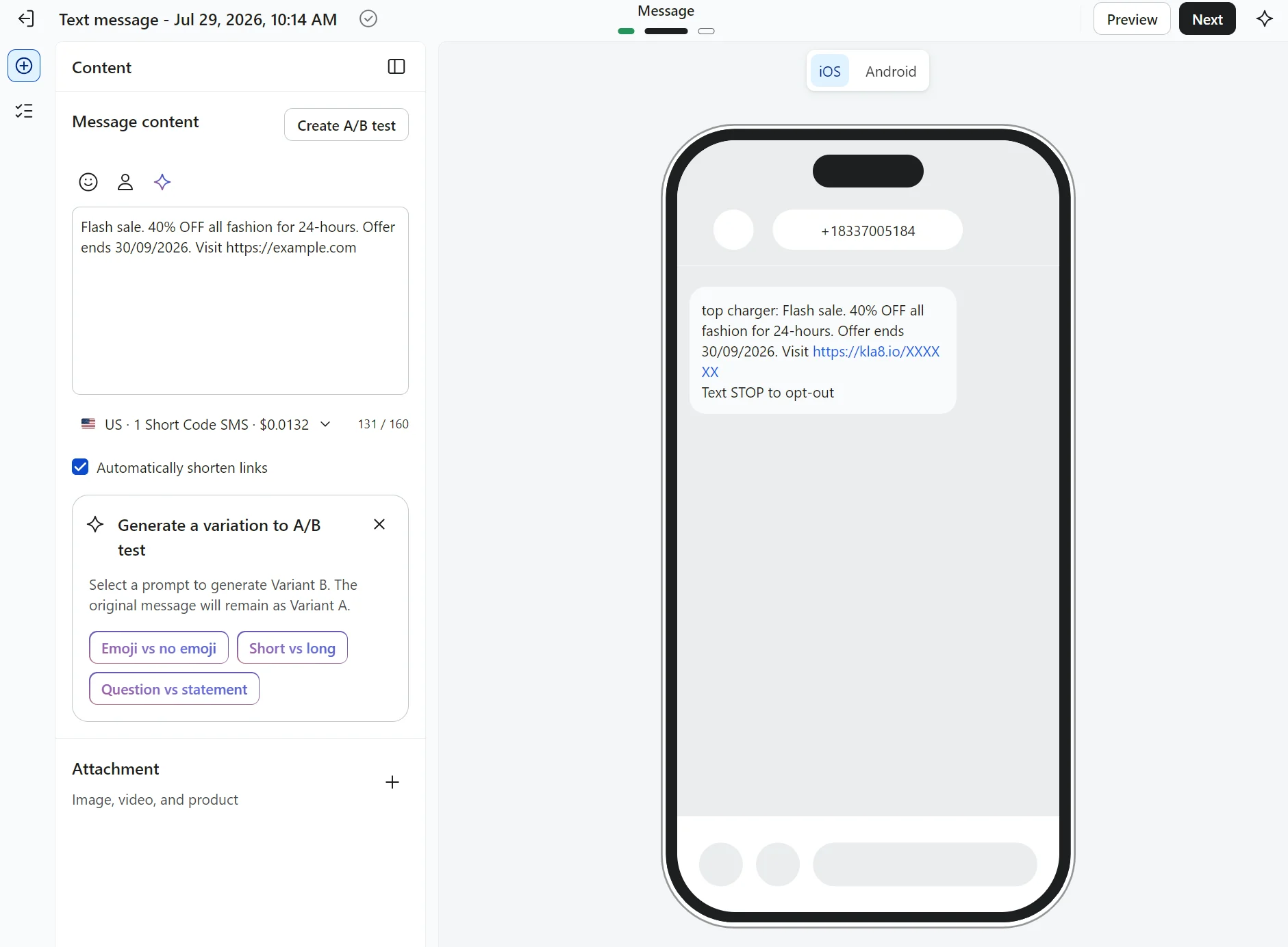 Klaviyo vs Drip: Screenshot of a text message creation interface showing a draft SMS about a 40% OFF fashion sale, a phone preview of the message, and options to generate and test A/B variations.