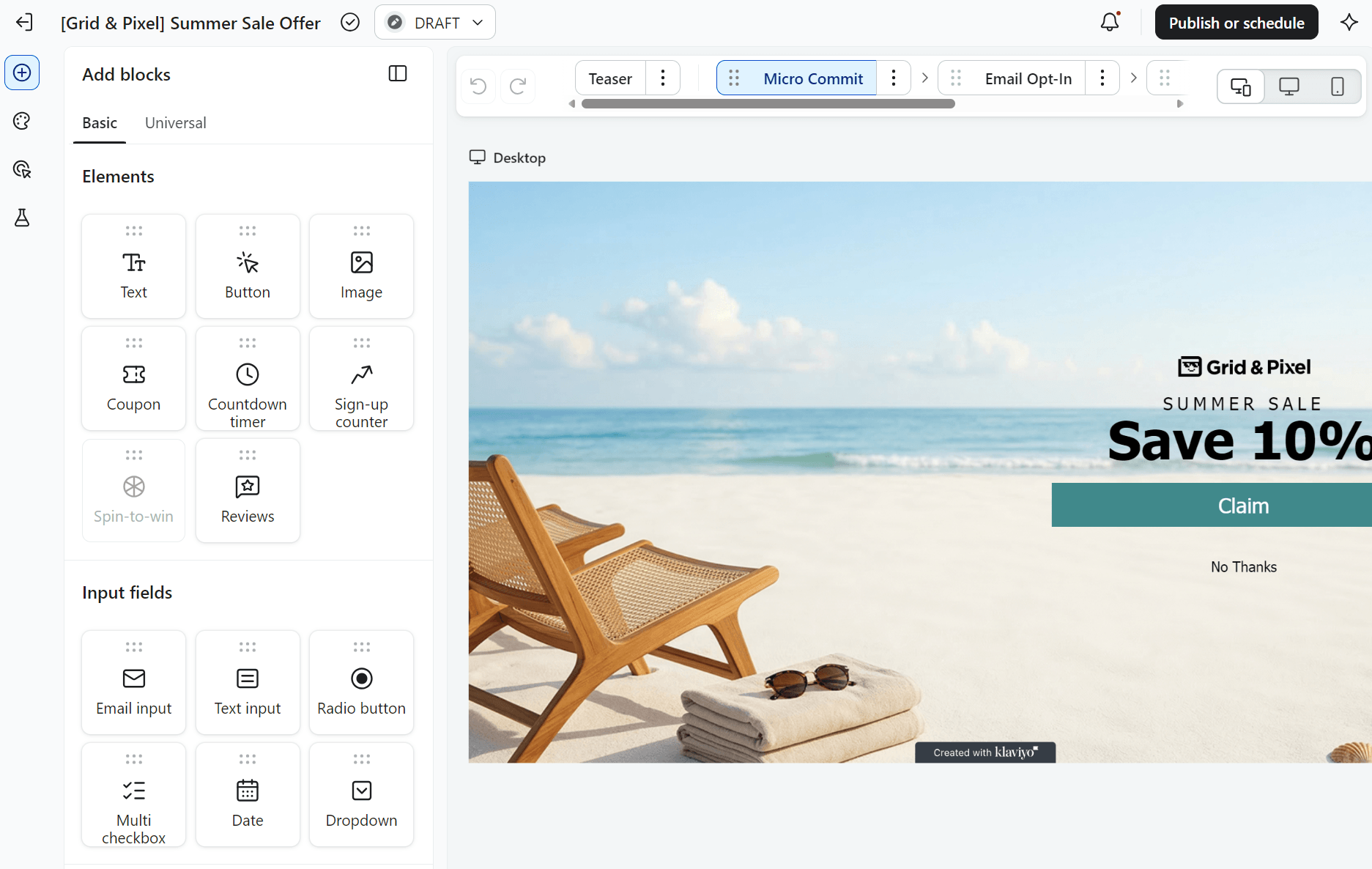 Klaviyo vs Privy: A website editor showing a summer sale offer being created, with a beach image, lounge chairs, and text overlay that reads Summer Sale Save 10%. Editor tools and input fields are visible on the left panel.