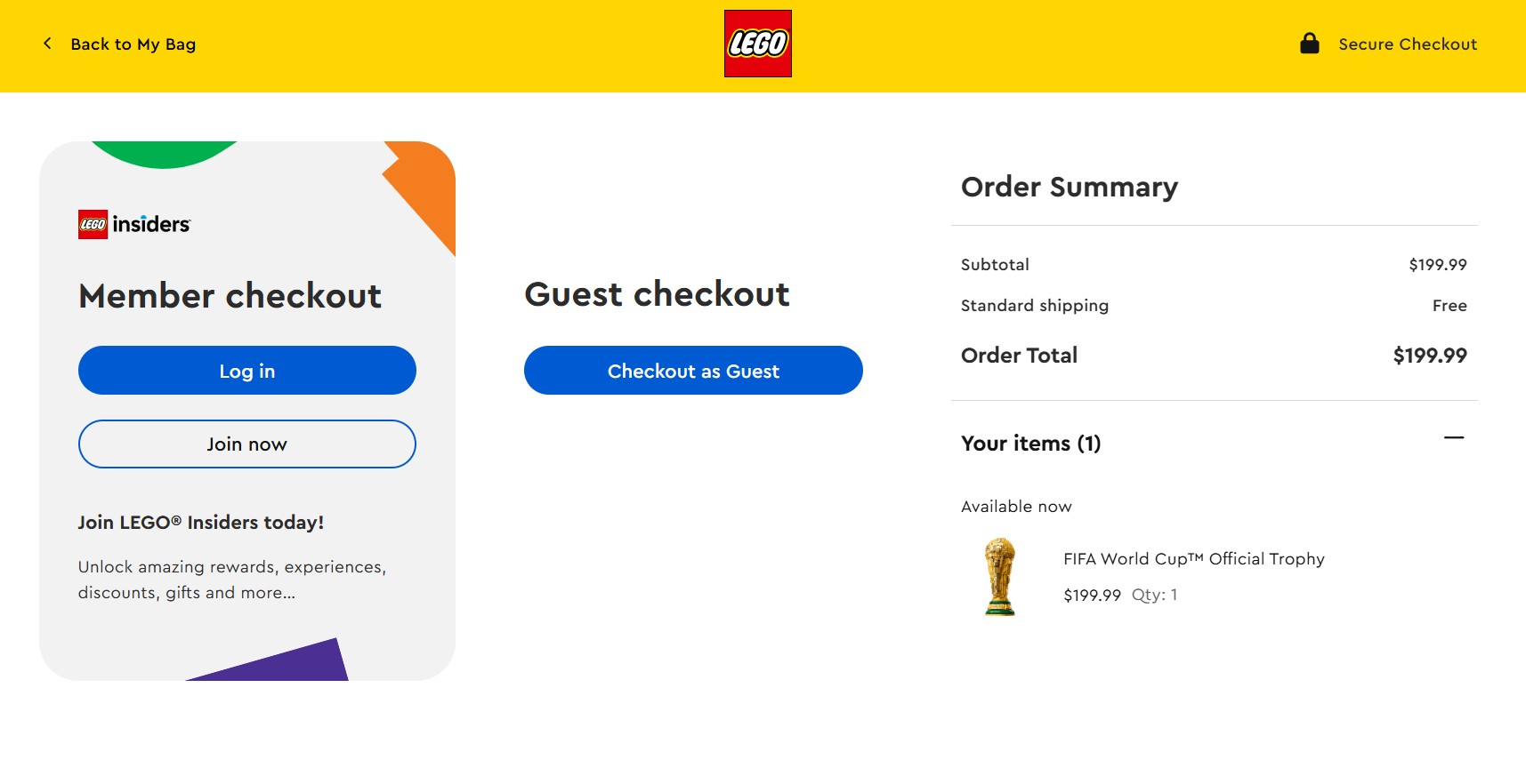 Black Friday checklist: LEGO checkout page showing member login, guest checkout options, and order summary for FIFA World Cup Official Trophy, $199.99, with free shipping.