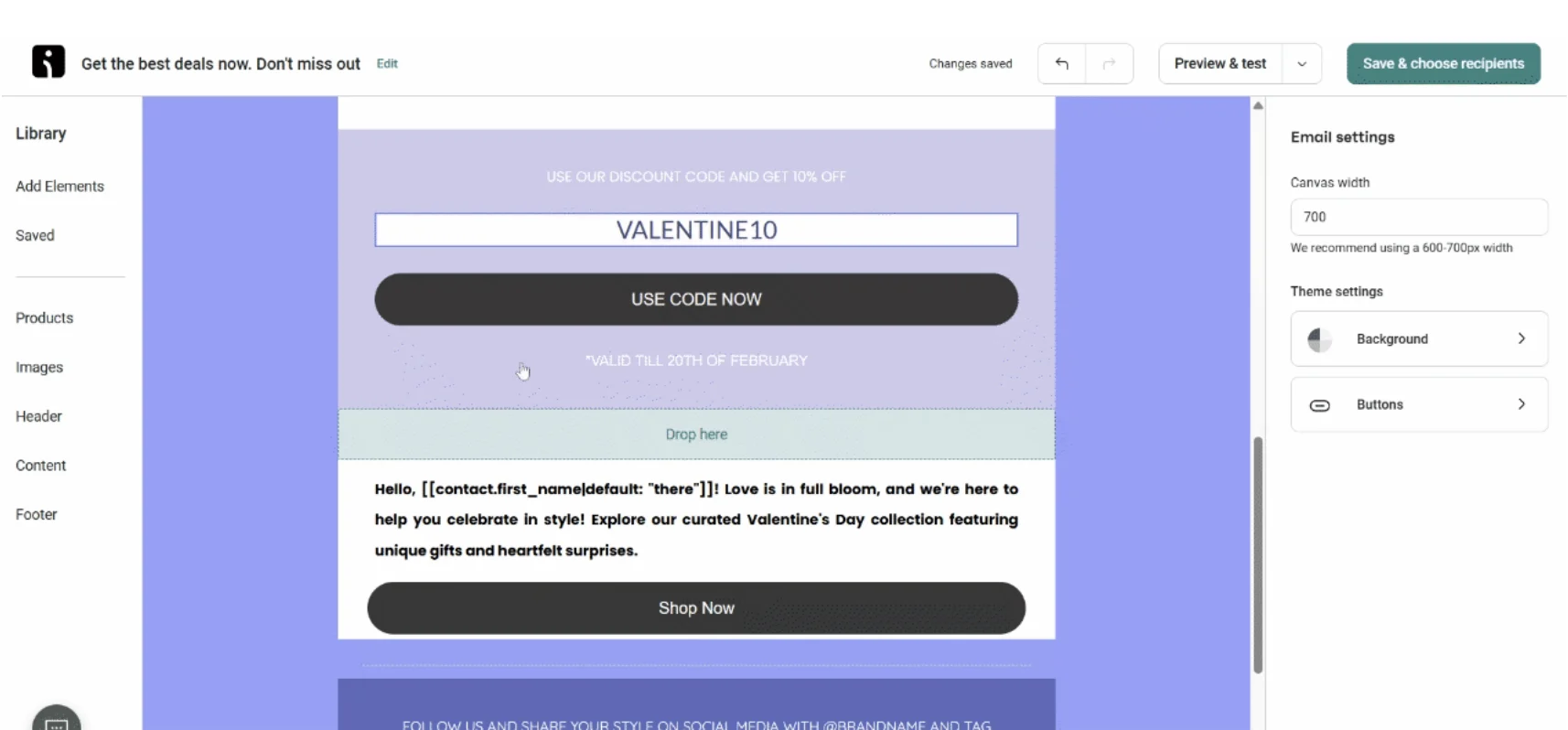 Email template editor showing a Valentines Day discount code offer and a section for personalized greeting text.