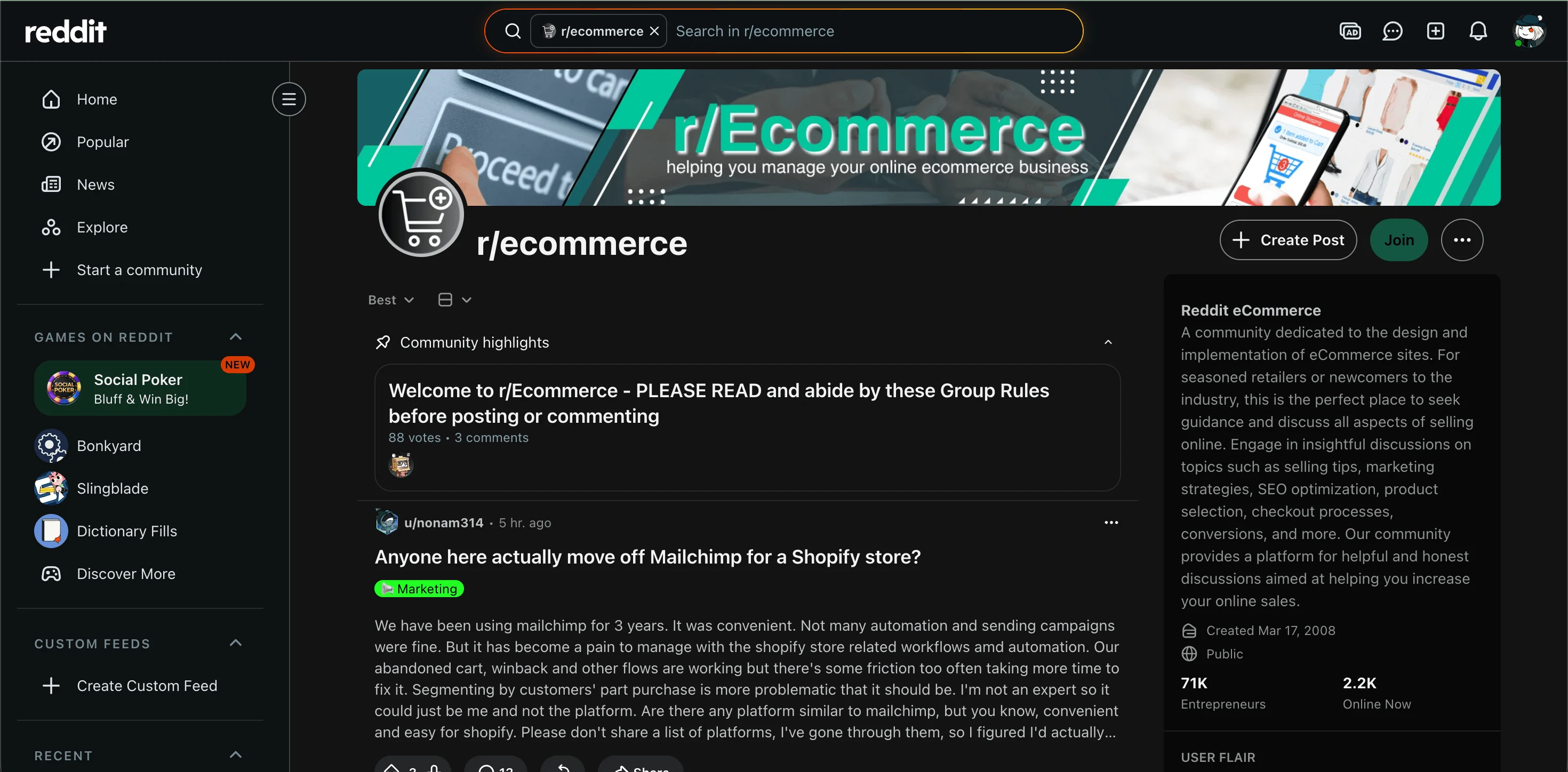Ecommerce community: Screenshot of the r/ecommerce subreddit page on Reddit, showing the banner, group info, rules, and a thread asking about moving from Mailchimp to Shopify. The page is in dark mode.