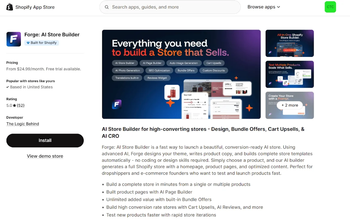 Shopify app listing for Forge: AI Store Builder, showing install button, features, pricing, and screenshots of the app.