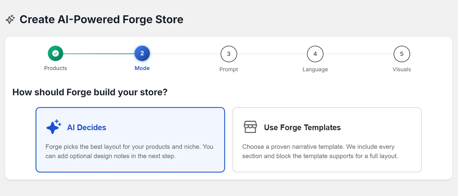 Step 2 of 5 in store creation; options to let AI decide layout or use Forge templates; Mode section is highlighted.