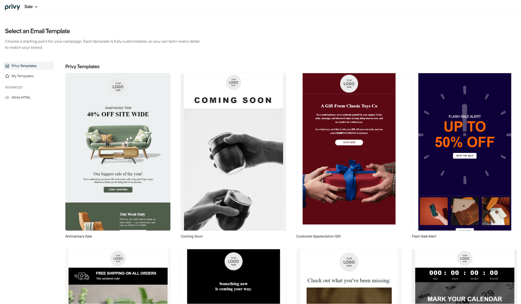 Klaviyo vs Privy: A screen displays various email template designs, including sale announcements, gift promotions, and coming soon notices, each with distinct colors, images, and text layouts for marketing purposes.