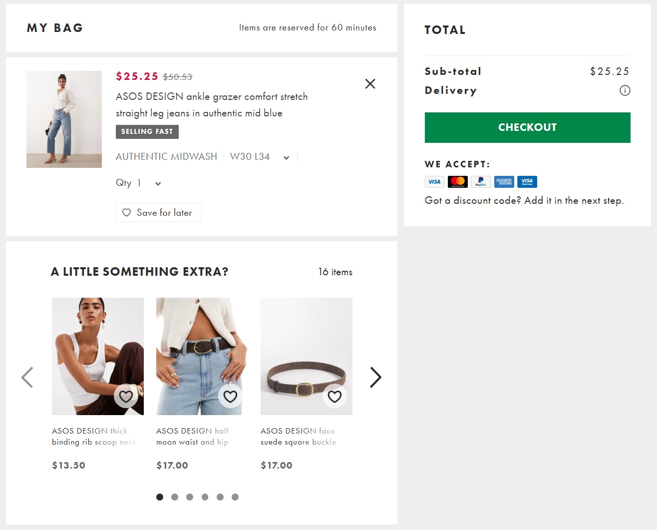 Black Friday checklist: Shopping cart page showing ASOS jeans on sale for $25.25, with payment options and delivery details. Below, recommendations for belts and accessories with prices. Total purchase amount shown on the right.